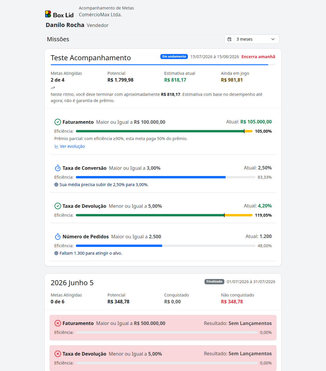 Portal do Colaborador com uma missão em andamento e uma finalizada