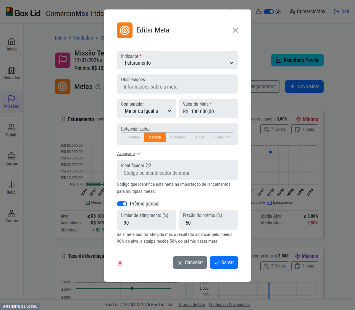 Configuração do prêmio parcial no formulário da meta