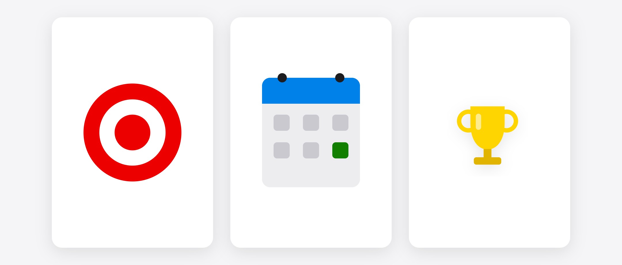Ilustração: três cartões lado a lado com um alvo vermelho, um calendário com o dia marcado em verde e um troféu dourado
