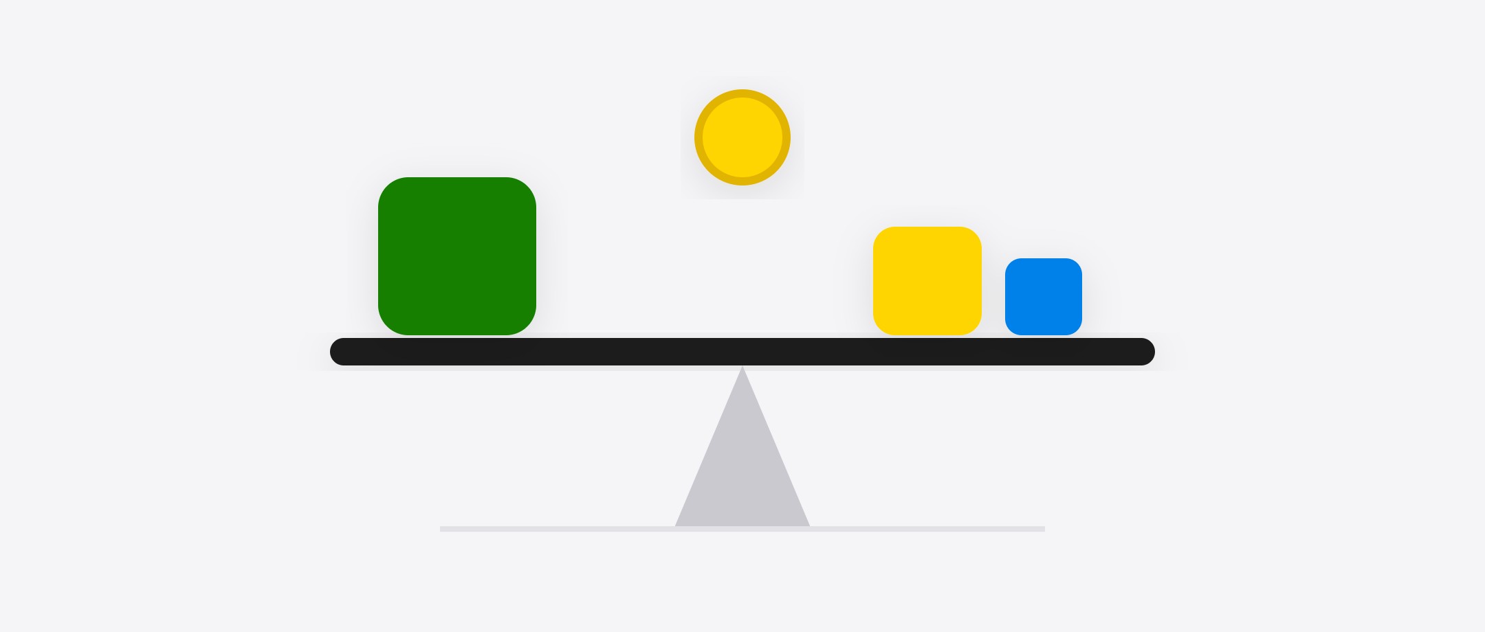 Ilustração: gangorra em equilíbrio com um bloco grande de um lado e dois blocos menores do outro, com uma moeda dourada ao centro